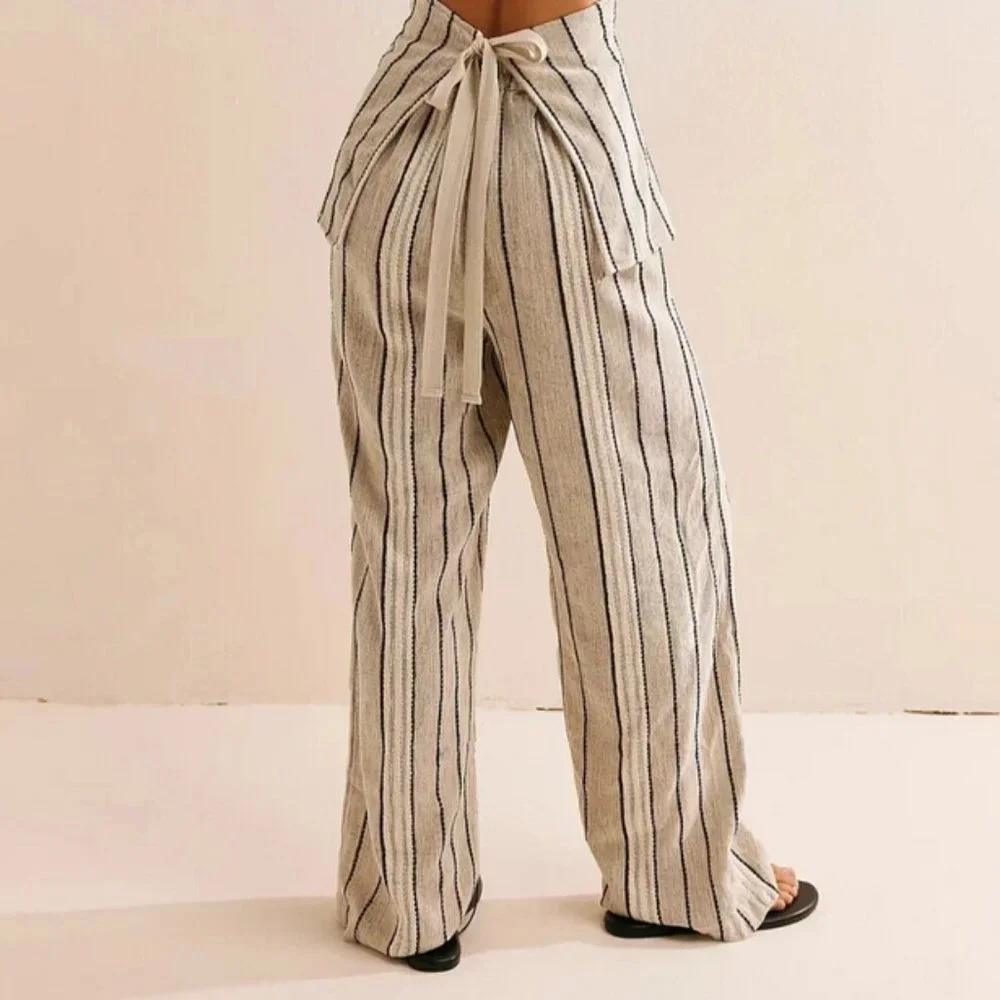Free People Take Me To Paris Stripe Printed Pants Pocket Pull On Gray New M